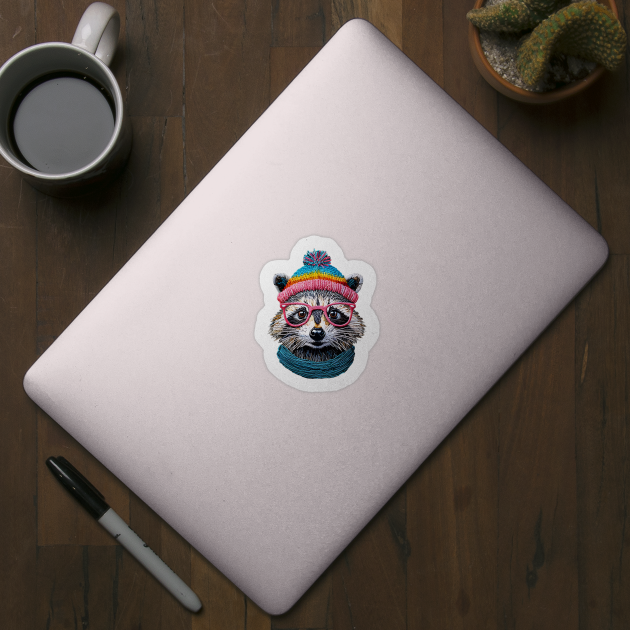 Cute Faux Embroidery Raccoon in Hat Scarf and Pink Glasses by Luxinda